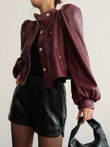 Aidyla 女士酒红色梭织衬衫，皮革长袖休闲款，褶裥纽扣设计，秋冬时尚，适合搭配常规外套，复古风格 - 酒紅色 - 查看 4