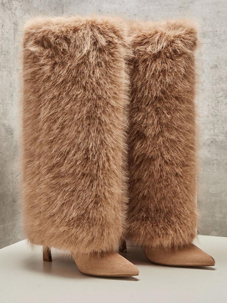 SHUZIA 女士迷人仿皮草及膝侧拉链性感细高跟靴 - 紫紅色 - 查看 1