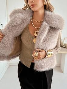 Siren Gaze Solid Color Sleeveless Casual Faux Fur Jacket, Retro Open Front Coat With Artificial Fur Collar, Fashionable Outerwear In Fall/Winter Brown