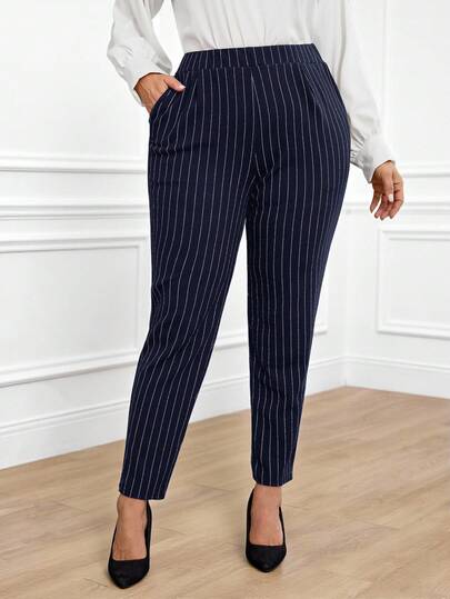 Miaspire Pantalones casuales a rayas con bolsillo para mujer talla grande