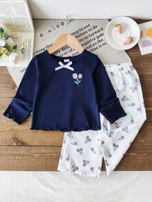 SHEIN Vintaside Kids Set 2 buc. bluză și pantaloni cu mânecă lungă și imprimeu floral pentru bebeluși, la modă, drăguț, versatil, potrivit pentru primăvară/toamnă, întoarcerea la școală, interior/exterior, purtare zilnică - Multicolor - Vizualizare 1