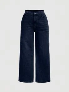 EURMUSE MOD 加大码 Y2k 牛仔裤宽松街头风格性感蓝色牛仔阔腿裤，阔腿裤，返校服，教师裤，秋装，女士牛仔裤，灰色牛仔裤，直筒牛仔裤，宽松牛仔裤，休闲女装，阔腿裤 - 深色水洗藍 - 查看 1