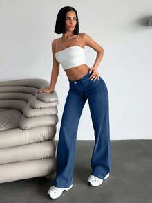 EURMUSE 女式五角星图案直筒透气舒适阔腿牛仔裤 - 中等水洗藍 - 查看 5