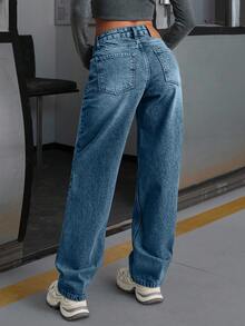 EURMUSE WOMEN LOW WAIST STRAIGHT Y2K WASH STREET WEAR - Baby Blue - View 2