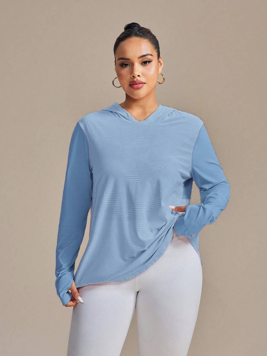 SHEIN Rhythm Era Moletom Manga Longa com Orifício para o Polegar, Padrão Triangular Jacquard, Design Plus Size, Ideal para Yoga e Perda de Peso - Azul bebê - Visão 1
