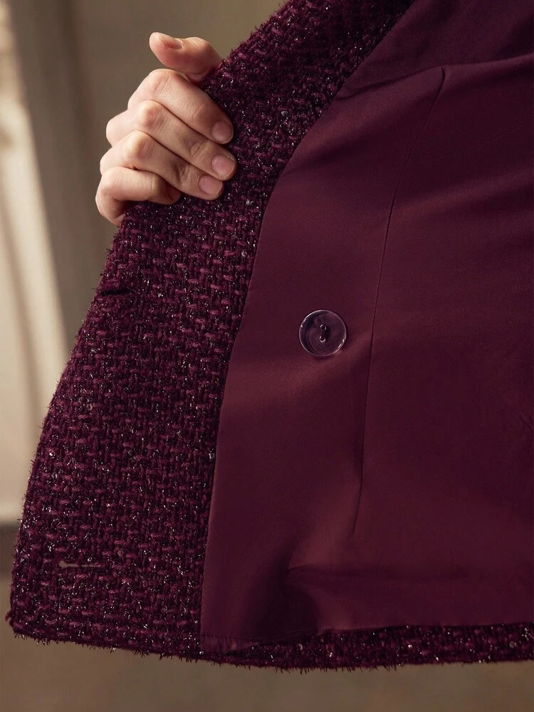 AUTUMN/WINTER FRENCH STYLE CHIC TWEED LAPEL COLLAR LONG SLEEVE FITTED SHORT WOMEN'S BLAZER JACKET, PURPLE