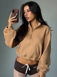 Gameset SHEIN Sport Áo nỉ chui đầu màu trơn tay dài hở vai có khóa kéo nửa túi thường ngày cho nữ, trang phục mùa đông, áo nỉ, mũ lông giả, quần áo ngoài trời cho nữ - màu nâu - Xem 3