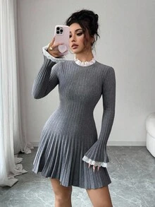 Elenzga Elegante abito-maglione da donna con maniche a sbuffo, vita stretta e linea ad A