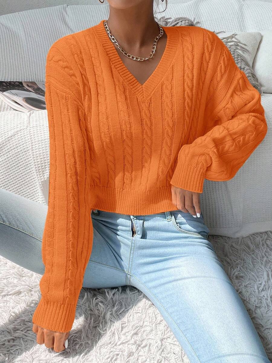 EMERY ROSE Women's Solid Color V-Neck Drop Shoulder Long Sleeve Casual Loose Knit Pullover Sweater - Coral Orange - View 1