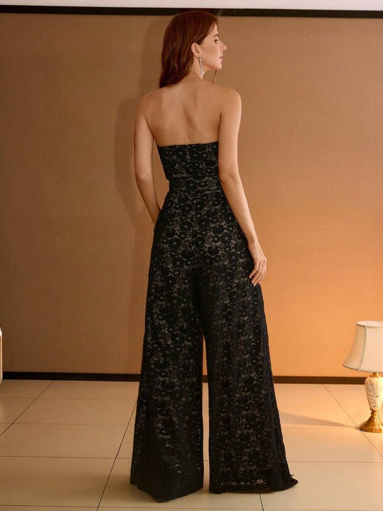 WOMEN'S LACE FLORAL EMBROIDERED BANDEAU WIDE LEG JUMPSUIT