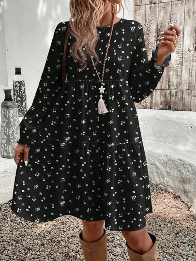 EMERY ROSE Casual Minimalist Black Background White Floral Elegant Vintage Style Women's Mid-Length Dress, Versatile, Suitable For Autumn/Winter