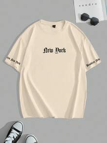 Manfinity Joysei 男士休闲字母印花短袖T恤，夏季 - 卡其色 - 查看 3