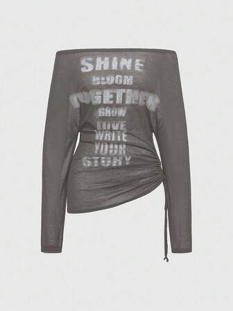 EDITION Kreuz- und Buchstaben-Muster Carmenausschnitt Langarm T-Shirt für Frauen, romantischer Punk-Stil