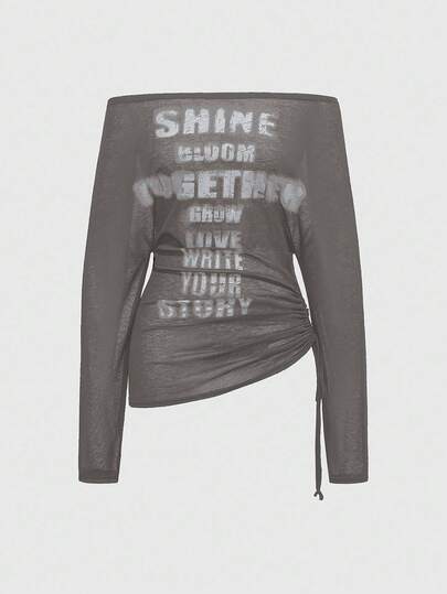 EDITION Kreuz- und Buchstaben-Muster Carmenausschnitt Langarm T-Shirt für Frauen, romantischer Punk-Stil