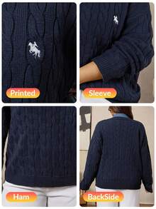 SHEIN LUNE 大码休闲V领针织毛衣，饰有刺绣图案，海军蓝复古风，适合返校季穿着，麻花针织，刺绣，秋季女装，商务休闲，复古风格，秋冬女装毛衣 - 藏蓝色 - 查看 12