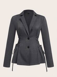 EMERY ROSE Plus Size Women's Solid Color Long Sleeve Full Button Tie Waist Fitted Classic Minimalist Business Elegant Commuter Blazer Fall Cloth For Women Autumn