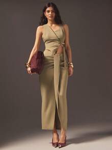 Hauture Fustă midi sexy de vară pentru birou, casual, solidă, asimetrică, plisată, cu crăpătură frontală - Maro - Vizualizare 1