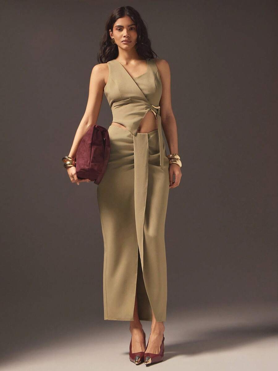 Hauture Fustă midi sexy de vară pentru birou, casual, solidă, asimetrică, plisată, cu crăpătură frontală - Maro - Vizualizare 1