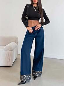 EURMUSE Women's Straight Comfortable Breathable Loose High Rise Wide Leg Jeans With Leopard Print - Dark Wash - View 4