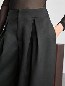 Ontre 女士黑色优质羊毛面料宽松长裤，带侧袋，正面褶皱设计，串珠下摆装饰，阔腿裤，适合现代都市休闲装、商务装、办公室装、优雅精致的城市通勤装、高端机场装、邮轮装 - 黑色 - 查看 6