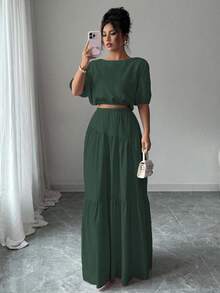 Elenzga Bộ 2 áo crop top tay bồng lãng mạn thanh lịch và chân váy chữ A cho nữ - Màu xanh lá cây đậm - Xem 6