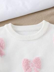 SHEIN Vintaside Kids 女童厚款粉色蝴蝶结圆领白色套头毛衣，休闲可爱，适合叠穿，也适合秋冬季节、圣诞节、万圣节等派对场合。 - 白色 - 查看 4