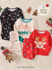 Snug Fit Pajama Set For Toddler Boys,Red Autumn Graphic Long Sleeve Top And Pants,Christmas Reindeer Gingerbread Man Letter Puppy Print Lounge Wear - Multicolor - View 5