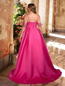 Glamrae 优雅迷人的玫瑰红色露肩珍珠链装饰系腰全裙舞会礼服，大码正式晚礼服（重刺绣） - 玫紅色 - 查看 4