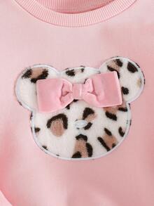Cozy Pixies Felpa girocollo a maniche lunghe per bambina, con grafica di orsetto leopardato con fiocco in peluche, foderata in pile, casual, versatile per uso all'aperto