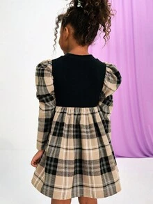 SHEIN Serisse Kids 少女格子羊腿袖立领连衣裙，适合日常休闲穿着，适合返校穿着 - 黑色 - 查看 2