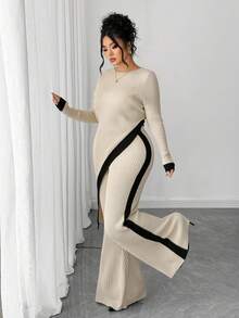 Elenzga 杏色针织套装，侧边镂空+撞色条纹，性感又别致 - 彩色 - 查看 1