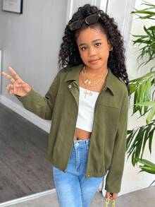 Tween Girl Plain Raglan Zip-Up Casual Versatile Jacket Fall Winter - Green - View 1