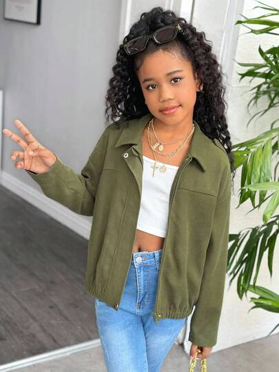 Tween Girl Plain Raglan Zip-Up Casual Versatile Jacket Fall Winter