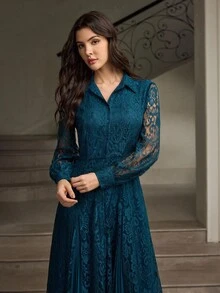 ZEYLAH Váy dài xếp ly ren chắp vá thanh lịch, Thu/Đông - Màu xanh ngọc - Xem 5