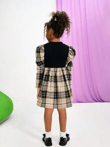 SHEIN Serisse Kids 少女格子羊腿袖立领连衣裙，适合日常休闲穿着，适合返校穿着 - 黑色 - 查看 6