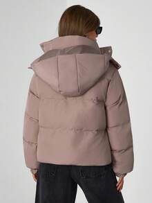 EURMUSE Drawstring Hem Hooded Drop Shoulder Quilted Women's Crop Down Jacket - Chocolate Brown - View 2