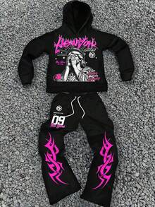 Manfinity EMRG 2 件男士自由女神像和字母图案美式街头嘻哈风格连帽衫和运动裤套装