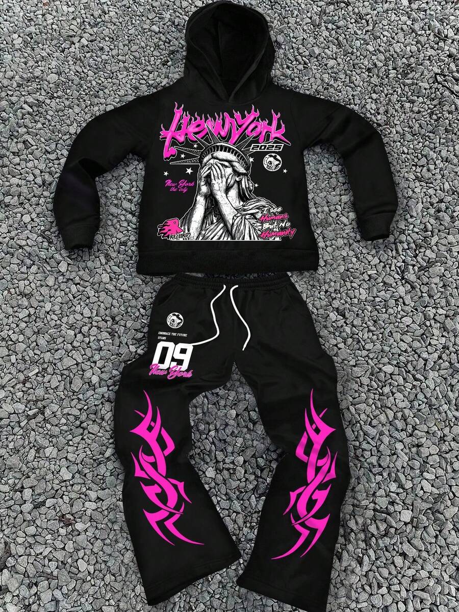 Manfinity EMRG 2 件男士自由女神像和字母图案美式街头嘻哈风格连帽衫和运动裤套装