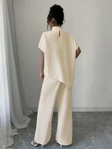 Elenzga Conjunto de 2 piezas para mujer con blusa de cuello asimétrico y pantalón largo