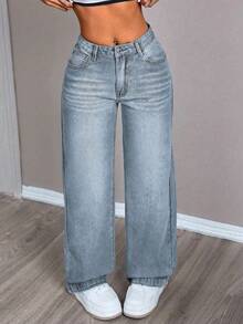 EURMUSE Jeans casual e ampi da donna con tasche, moda da strada - blu polveroso - Visualizzare 5