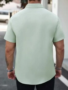 Manfinity Homme 男士休闲纯色短袖衬衫，夏季漂亮男士衬衫男士夏季衬衫男士衬衫男士衬衫 - 綠色 - 查看 2