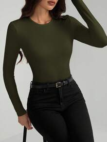 SHEIN Tall Solid Slim Fit Spring Women Bodysuit - Army Green - View 5