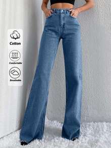 SHEIN Tall 100%Cotton High Waist Raw Hem Wide Leg Jeans TALL - Blue - View 1