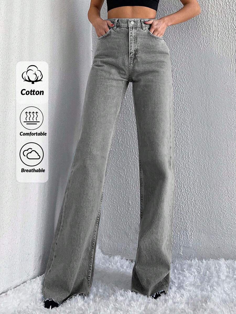 SHEIN Tall 100%Cotton High Waist Raw Hem Wide Leg Jeans TALL - Grey - View 1