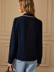 Écloséra 法式复古亚麻混纺纹理衣领和袖口撞色花卉装饰女士长袖衬衫，春秋季