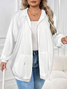 SHEIN CURVE+ Felpa con cappuccio con chiusura lampo e maniche a raglan, con coulisse, top autunnale, abbigliamento autunnale da donna taglia comoda