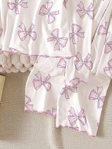 Tween Girls Pajama Set, White Base With Purple Watercolor Butterfly Print, Contrast Trim, Long Sleeve Top And Pants, Casual Loungewear Fall Winter - White - View 4