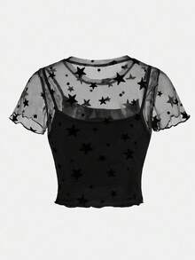 SHEIN Girlism 少女暗街时尚星星网眼透视两件套紧身上衣 - 黑色 - 查看 2