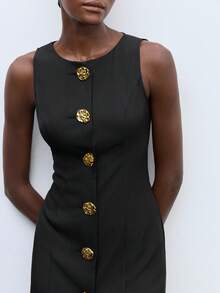 Maija 女士黑色金属花朵装饰设计夏季休闲连衣裙，无袖圆领公主剪裁侧口袋商务通勤优雅办公室女士服装，低调复古别致都市社交名媛节日派对时尚迷你连衣裙