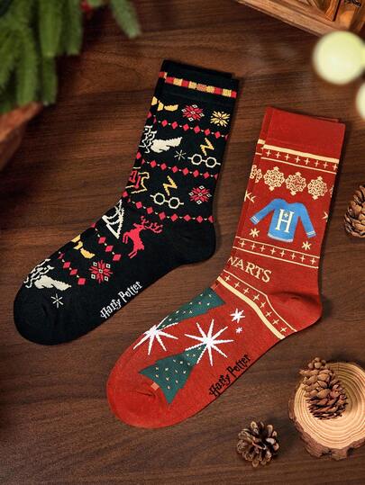 HARRY POTTER X SHEIN 2 Pairs Soft & Breathable Moisture-Wicking Casual Mid-Calf Christmas Socks Fashionable Black & Red Crew Socks Reinforced Toe & Heel For Durability Unisex For Men & Women All Season All-Match Summer Winter,Hedwig,Gift Ideas